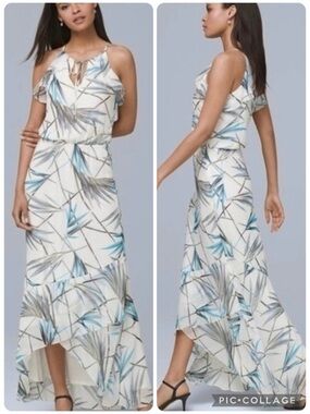 WHBM Dress Maxi White Bamboo Print Hi Low Blouson 4P Cocktail Chic